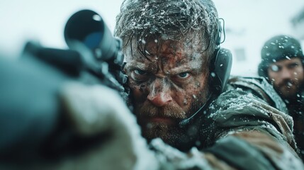 A soldier bears battle scars amidst a snowy environment, gripping his weapon tightly, exemplifying resilience and fearlessness during an intense conflict situation.