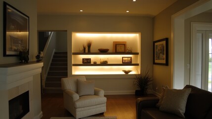 Living room features illuminated shelving unit staircase and fireplace