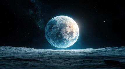 This stunning image captures a glowing planet rising above a tranquil lunar surface, evoking a sense of mystery and wonder about the cosmos and our place in it.