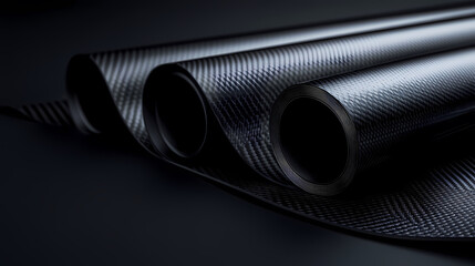 Three Rolls of Black Carbon Fiber Material on a Dark Surface