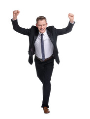 Business competition. Happy man running on white background