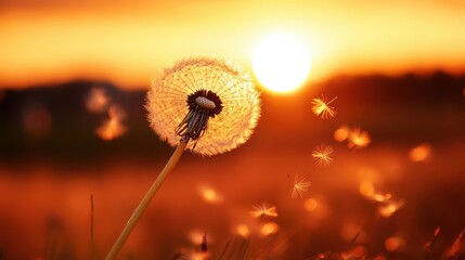 A close-up of a dandelion at sunset, with soft golden light illuminating the delicate seeds drifting away in the warm breeze.