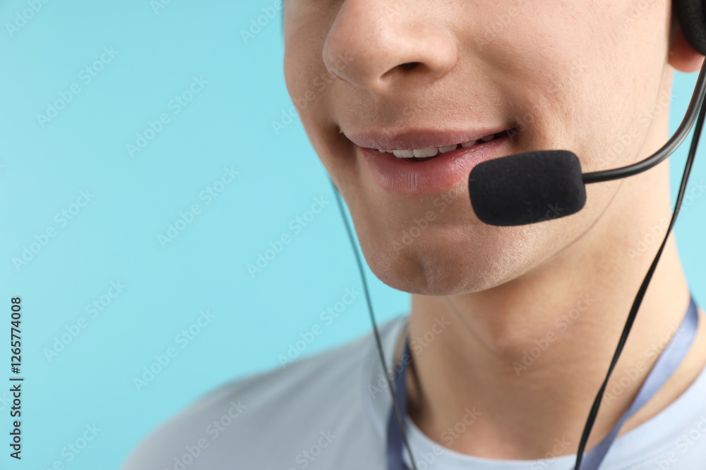 Poster technical support call center. smiling operator on light blue background, closeup. space for text