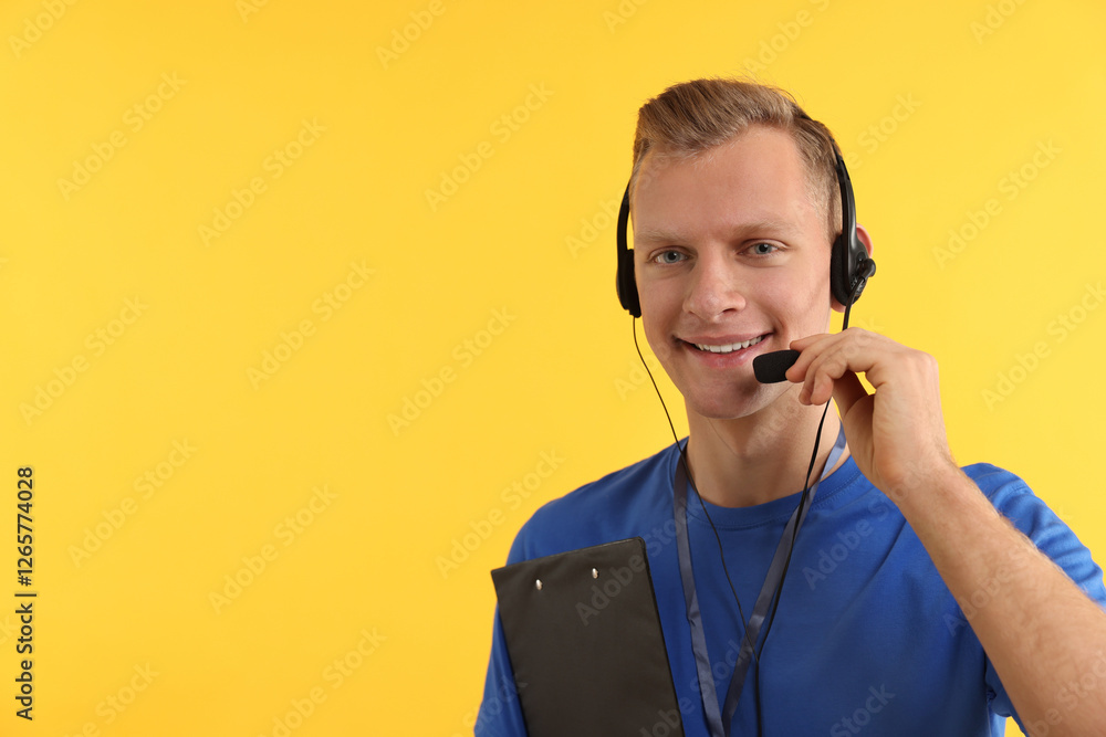 Poster technical support call center. smiling operator with clipboard on yellow background. space for text