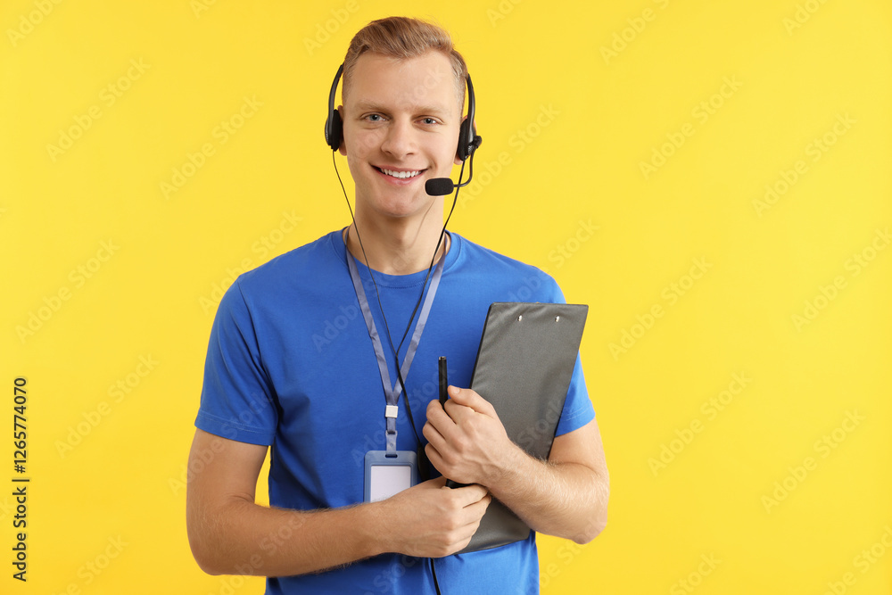 Poster technical support call center. smiling operator with clipboard on yellow background