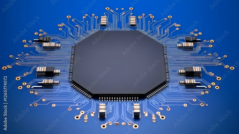Poster hexagonal microchip surrounded by circuit board connections