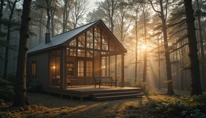 A tranquil glass house hidden in a dense forest, bathed in the soft golden light of the setting sun
