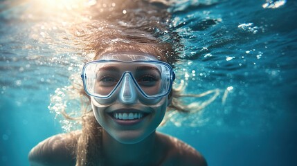 Naklejka premium Young woman enjoying summer vacation while diving in the clear summer sea