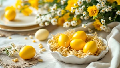 Easter eggs elegance: luxury vibrant yellow eggs in a bowl on the table, surrounded by white and yellow flowers and decorations