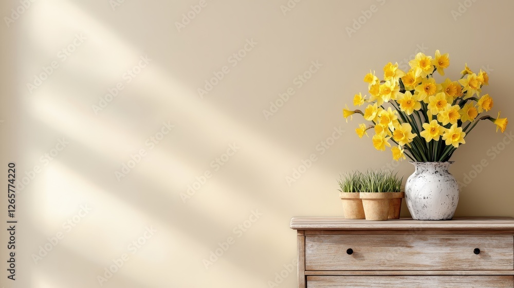 Poster an enchanting display of daffodils in a rustic vase on a wooden table, illuminated by soft light tha