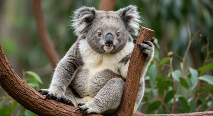 Obraz premium Portrait of a cute Koala Bear clinging to a tree branch in its natural habitat
