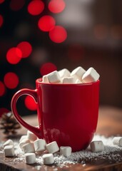 Cocoa red mug with marshmallows bokeh red bokeh abstract background glow design light texture effect sparkle
