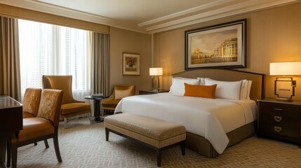Fototapeta premium Elegantly appointed hotel room featuring plush furnishings and neutral tones