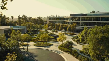 A panoramic aerial view of a corporate campus with lush landscaping and modern buildings.