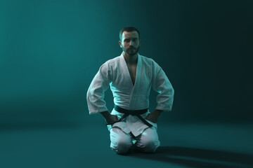 Karate fighter wearing uniform in color lights