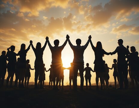 Sunset Silhouette of People Holding Hands Together