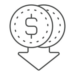 Coins dollar falling down thin line icon, financial item concept. Vector graphics. Cent money sign on white background, outline style icon for mobile or web design.