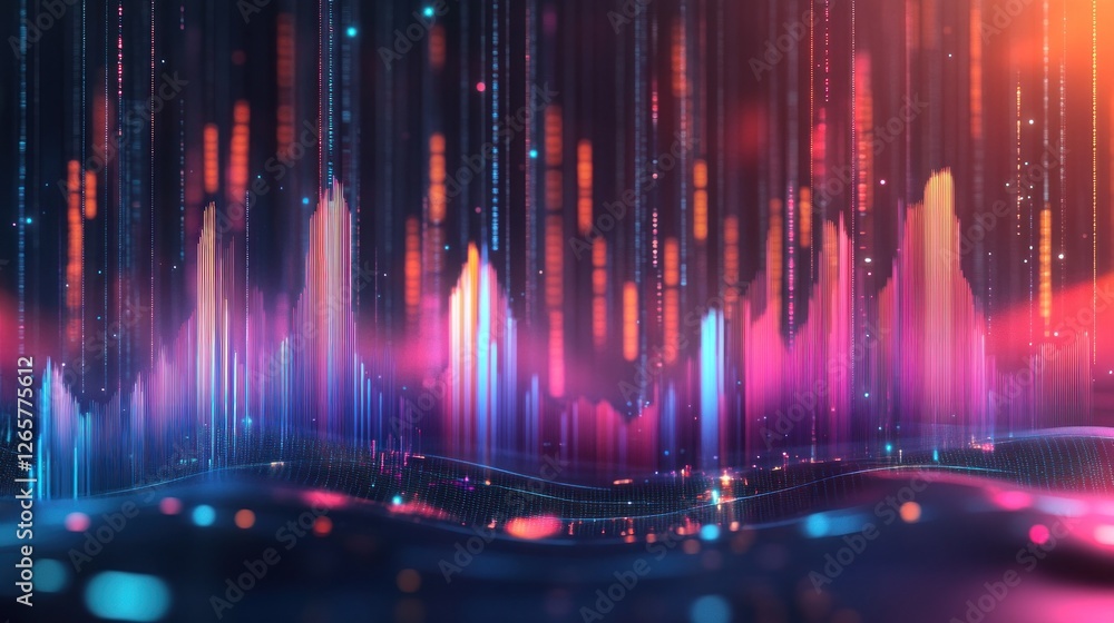 Poster abstract data visualization with neon lights and digital information flow