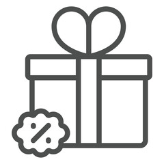 Present package with discount line icon, shopping interest concept. Vector graphics. Gift box percent bow sign on white background, outline style icon for mobile or web design.