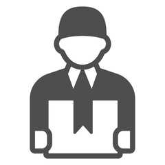 Courier man with package solid icon, delivery service concept. Vector graphics. Buyer seller human sign on white background, glyph style icon for mobile or web design.