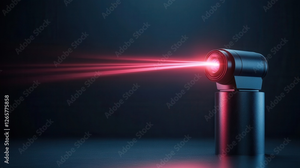 Poster high-tech laser device with bright red beam in dark background for futuristic and scientific concept