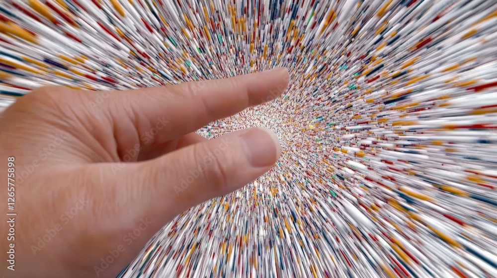 Poster hand reaching towards colorful abstract background of moving lines