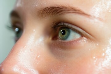 girl model close-up with drops of water on radiant skin
