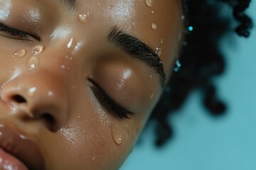 girl model close-up with drops of water on radiant skin