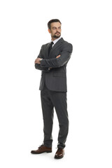 Confident man in classic suit on white background