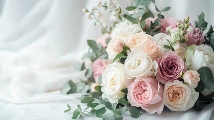 A delicate bouquet featuring an array of pastel roses and greenery, creating a soft and romantic atmosphere.