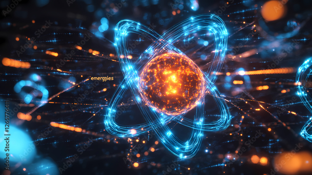 Poster 3d atomic model rendering with glowing nucleus and orbital rings