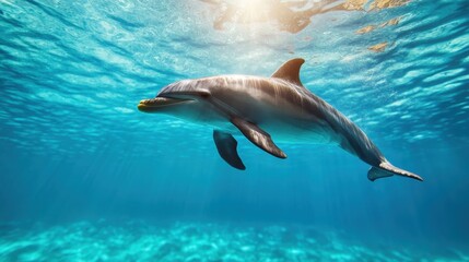 A beautiful dolphin gracefully swims beneath the clear, sparkling waters, showcasing its playful nature and the vibrant underwater environment around it.