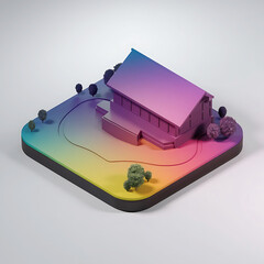 3D Model of a House on a Gradient Landscape. A vibrant 3D model of a house sits atop a stylized