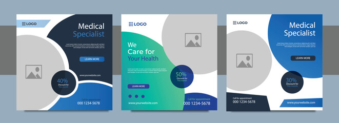Modern medical healthcare social media post templates, designs for hospitals clinics doctors and health services, medical social media post and banner