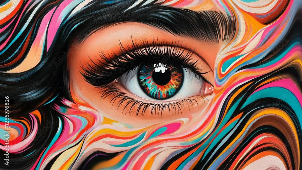 Poster vibrant artwork showcases a close-up of an eye surrounded by swirling colors and patterns in an abst