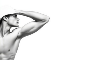 Fototapeta premium Athletic Male Model in Hard Hat Posing with Strong Arm Flex