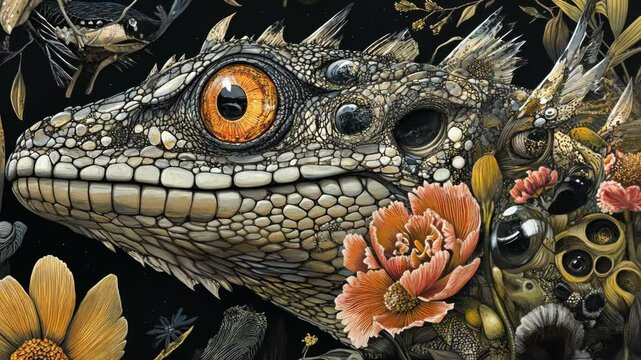 Detailed illustration of a lizard adorned with vibrant flowers and intricate patterns showcasing nature's harmony