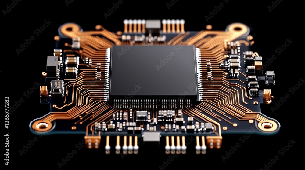 Poster close-up view of a modern microchip on a circuit board design