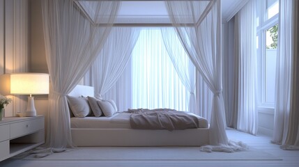 Elegant white bedroom features a draped four poster bed