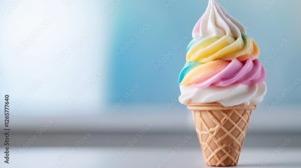 Poster captivating mix of colorful soft serve ice cream in a waffle cone. this closer perspective highlight