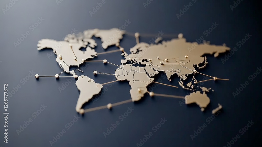 Aufkleber world map in gold color with connection lines and dark background