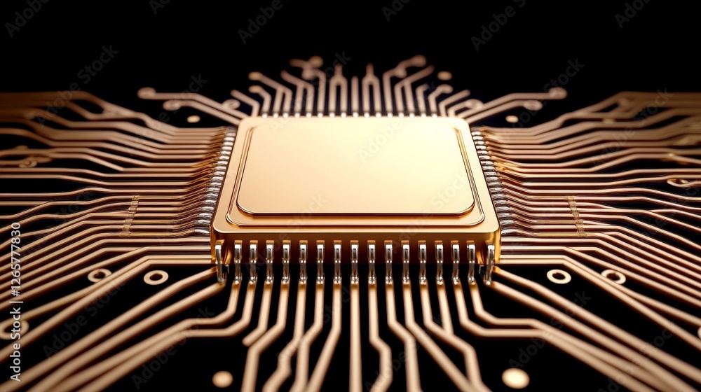 Poster golden cpu chip surrounded by intricate circuit board design