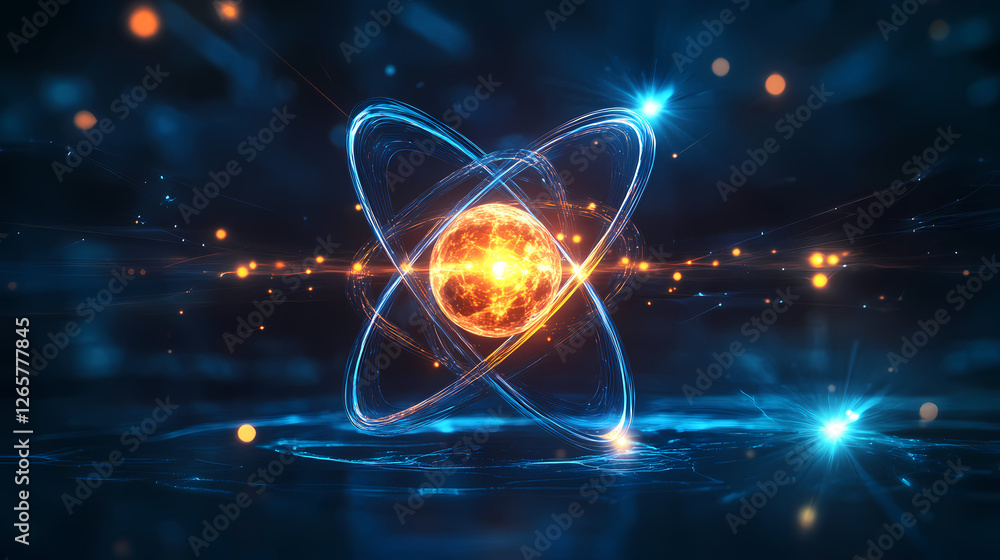 Poster glowing atom structure in deep space