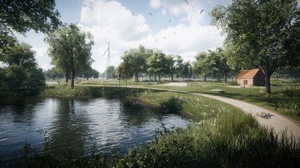 Tranquil parkland scene with pond, path, and small cottage