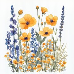 Naklejka premium Vibrant Botanical Art Featuring Colorful Wildflowers in Watercolor Style with Yellow Poppies and Lavender Blooms