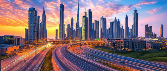 Vibrant sunset over Dubai skyline with busy highway and modern architecture in view