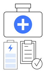 Health kit with cross sign, battery icon for energy, checklist with tick mark for validation. Ideal for health goals, emergency prep, care plans, medical safety, efficiency, readiness abstract line