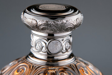 Focusing on the elegance of a perfume bottle, the intricate details of its cap and engraved logo reveal fine craftsmanship. This artistic capture emphasizes luxury and allure