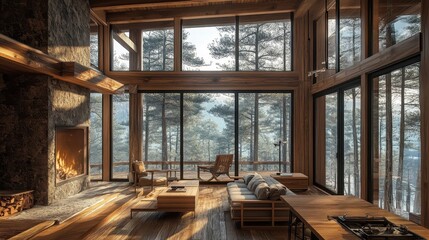 Obraz premium Stylish interior featuring a stone fireplace and forest views