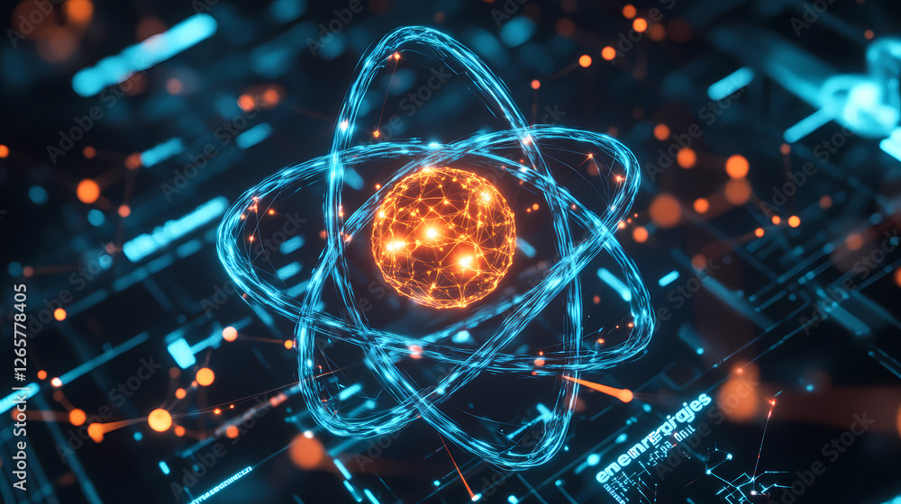Poster 3d atomic model rendering with enermargies text